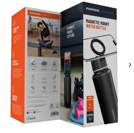 Porodo Lifestyle Magnetic Mount Water Bottle (Black)