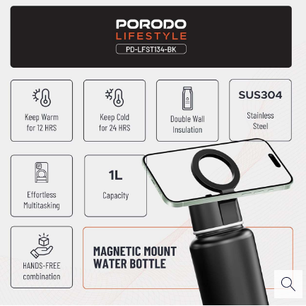 Porodo Lifestyle Magnetic Mount Water Bottle (Black)